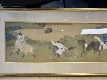 Chinese school: 'Bathing Horses 浴馬圖', ink and colour on silk, 19th C.