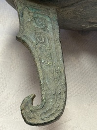 An inscribed Chinese archaic bronze food vessel and stand, You Pan Ding 有盤鼎, Western Zhou