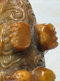 A Chinese precious-stone-inlaid carved soapstone wine vessel on stand, Gong 觥, Republic