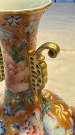 A pair of Chinese famille rose 'Millefleur' vases, Qianlong mark, Republic