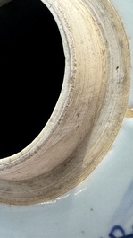 A Chinese blue and white 'Three Friends of Winter' jar with an openworked wooden cover, Transitional period