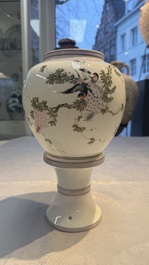 A Chinese famille rose 'Birds among Flowering Branches' eggshell lantern on stand, signed Yuan Qing 元清, dated 1987