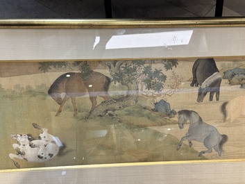 Chinese school: 'Bathing Horses 浴馬圖', ink and colour on silk, 19th C.