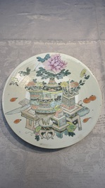 A Chinese qianjiang cai dish and a plate, two famille rose plates and a saucer, Chenghua, Yongzheng and Guangxu marks, 19th C.