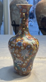 A pair of Chinese famille rose 'Millefleur' vases, Qianlong mark, Republic