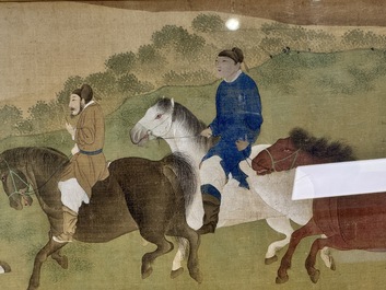 Chinese school: 'Bathing Horses 浴馬圖', ink and colour on silk, 19th C.