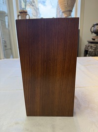 A Chinese claire-de-lune handled vase, with a wooden stand and its original hongmu box, Yongzheng mark, Republic