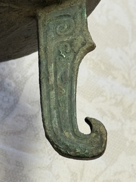 An inscribed Chinese archaic bronze food vessel and stand, You Pan Ding 有盤鼎, Western Zhou