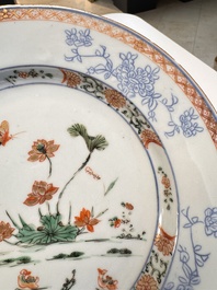 Eight Chinese blue and white, famille verte and Imari-style plates, Kangxi