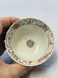 Five Chinese famille rose 'Phoenix and Peony' cups and three saucers for the Peranakan market, Qianlong, Guangxu and Zhou Shunxing 周順興 marks, Republic