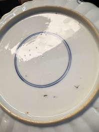 A rare pair of Chinese famille verte lobed plates with elegant ladies, Kangxi