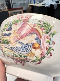A rare Chinese famille rose 'Satyr Watching a Sleeping Venus' punch bowl, Qianlong
