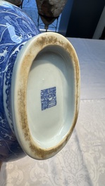 A Chinese blue and white moonflask vase with dragons, 'bianhu', Qianlong mark, Republic