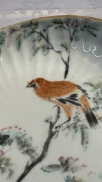 A Chinese qianjiang cai dish and a plate, two famille rose plates and a saucer, Chenghua, Yongzheng and Guangxu marks, 19th C.