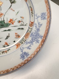 Eight Chinese blue and white, famille verte and Imari-style plates, Kangxi