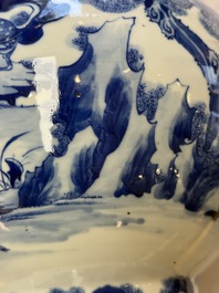 A Chinese blue and white '100 Deers' 'Zun' vase on wooden stand, Kangxi mark, 19th C.