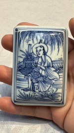 A fine Chinese blue and white rectangular seal paste box and cover, Ming