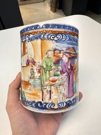 A Chinese famille rose 'Chui Xiao Yin Feng 吹簫引鳳' plate and a Canton famille rose tankard with figural design, Yongzheng/Qianlong