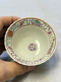 Five Chinese famille rose 'Phoenix and Peony' cups and three saucers for the Peranakan market, Qianlong, Guangxu and Zhou Shunxing 周順興 marks, Republic
