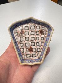 A Chinese famille rose nine-piece 'Plum Blossoms' sweetmeat set on a wooden tray, 19th C.