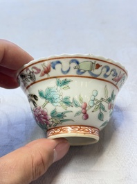 Five Chinese famille rose 'Phoenix and Peony' cups and three saucers for the Peranakan market, Qianlong, Guangxu and Zhou Shunxing 周順興 marks, Republic