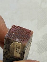 A Chinese soapstone seal with a carved mythical animal, inscribed Ying Hua Hong Bai Shang 樱花红陌上, 19/20th C.