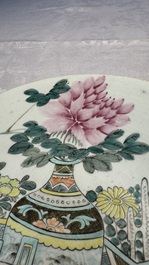 A Chinese qianjiang cai dish and a plate, two famille rose plates and a saucer, Chenghua, Yongzheng and Guangxu marks, 19th C.
