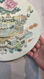 A Chinese qianjiang cai dish and a plate, two famille rose plates and a saucer, Chenghua, Yongzheng and Guangxu marks, 19th C.