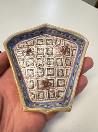 A Chinese famille rose nine-piece 'Plum Blossoms' sweetmeat set on a wooden tray, 19th C.