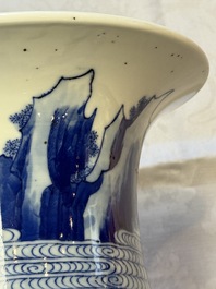 A Chinese blue and white '100 Deers' 'Zun' vase on wooden stand, Kangxi mark, 19th C.