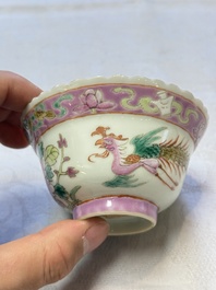 Five Chinese famille rose 'Phoenix and Peony' cups and three saucers for the Peranakan market, Qianlong, Guangxu and Zhou Shunxing 周順興 marks, Republic