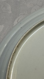 A Chinese qianjiang cai dish and a plate, two famille rose plates and a saucer, Chenghua, Yongzheng and Guangxu marks, 19th C.