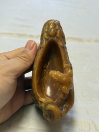 A Chinese precious-stone-inlaid carved soapstone wine vessel on stand, Gong 觥, Republic