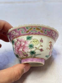 Five Chinese famille rose 'Phoenix and Peony' cups and three saucers for the Peranakan market, Qianlong, Guangxu and Zhou Shunxing 周順興 marks, Republic