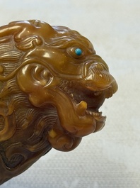 A Chinese precious-stone-inlaid carved soapstone wine vessel on stand, Gong 觥, Republic