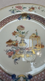 A Chinese famille rose gilt-decorated 'Antiquities' plate, Yongzheng