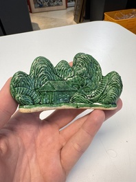 Three Chinese verte biscuit and turquoise-glazed brush rests, Kangxi and later