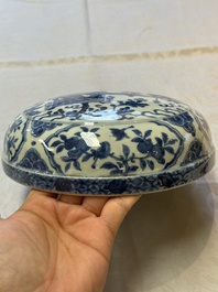 A circular Chinese blue and white box and cover, Wanli mark and of the period