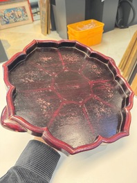A Chinese famille rose nine-piece 'Plum Blossoms' sweetmeat set on a wooden tray, 19th C.