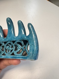 Three Chinese verte biscuit and turquoise-glazed brush rests, Kangxi and later