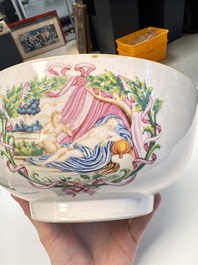 A rare Chinese famille rose 'Satyr Watching a Sleeping Venus' punch bowl, Qianlong