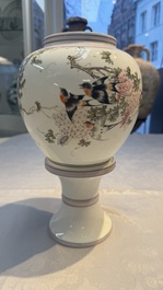 A Chinese famille rose 'Birds among Flowering Branches' eggshell lantern on stand, signed Yuan Qing 元清, dated 1987