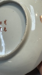 A Chinese qianjiang cai dish and a plate, two famille rose plates and a saucer, Chenghua, Yongzheng and Guangxu marks, 19th C.