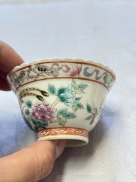 Five Chinese famille rose 'Phoenix and Peony' cups and three saucers for the Peranakan market, Qianlong, Guangxu and Zhou Shunxing 周順興 marks, Republic