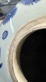 A Chinese blue and white 'Three Friends of Winter' jar with an openworked wooden cover, Transitional period