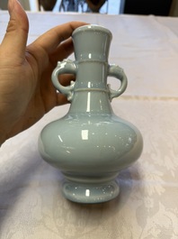 A Chinese claire-de-lune handled vase, with a wooden stand and its original hongmu box, Yongzheng mark, Republic