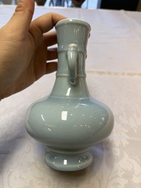 A Chinese claire-de-lune handled vase, with a wooden stand and its original hongmu box, Yongzheng mark, Republic