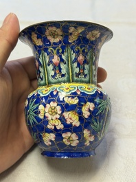 A Chinese Canton enamel 'Prunus on Cracked Ice' spittoon and two snuff dishes, 19th C.