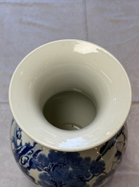 A Chinese blue and white '100 Deers' 'Zun' vase on wooden stand, Kangxi mark, 19th C.