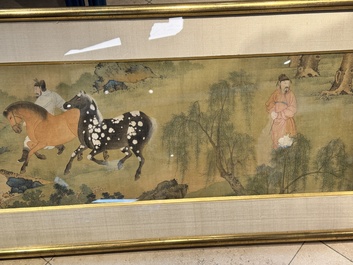 Chinese school: 'Bathing Horses 浴馬圖', ink and colour on silk, 19th C.